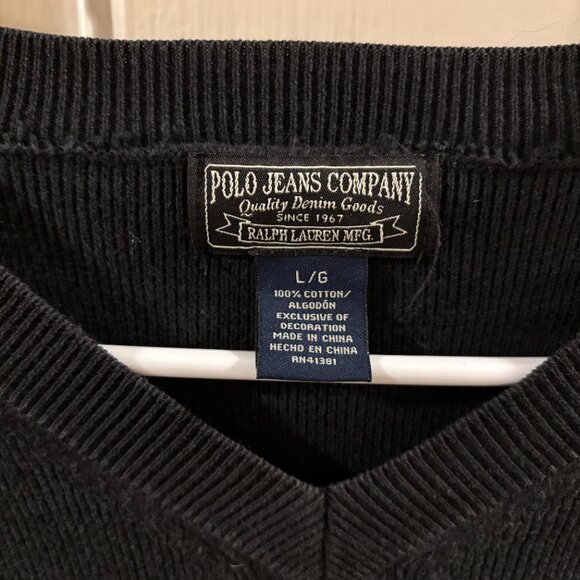 Polo Ralph Lauren Jeans Company Black Logo Long Sleeve V-Neck Sweater ~ Large - Picture 2 of 6